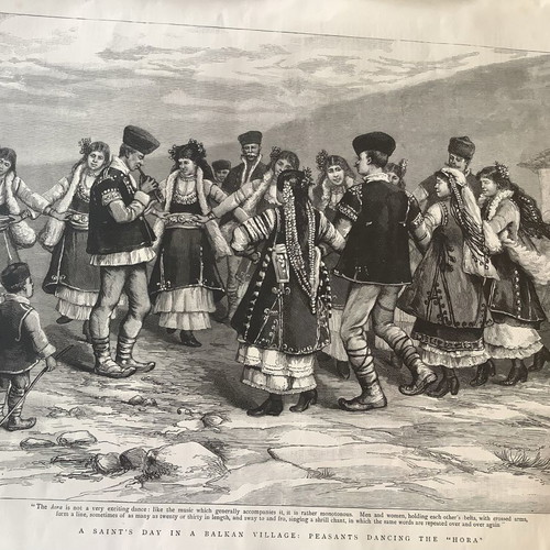 Woodcut 1892 Balkan traditional Zonaradikos dance "Hora" used 40x30cm