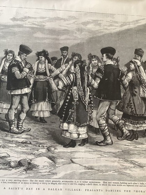 Woodcut 1892 Balkan traditional Zonaradikos dance "Hora" used 40x30cm