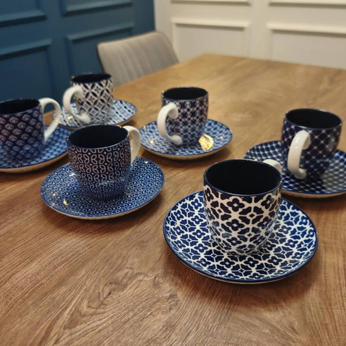 Dowan porcelain coffee and tea set royal blue 6 cups with 6 saucers new