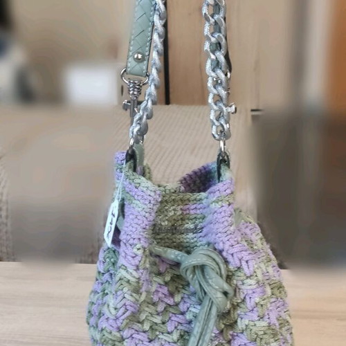 Shoulder bag pouch with leather details and chain, handmade