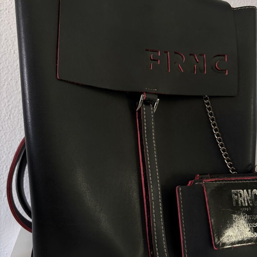 FRNC leather backpack used, black, handmade in Greece with chain wallet