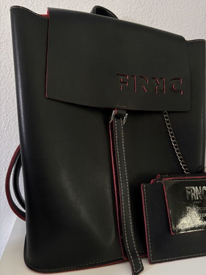 FRNC leather backpack used, black, handmade in Greece with chain wallet