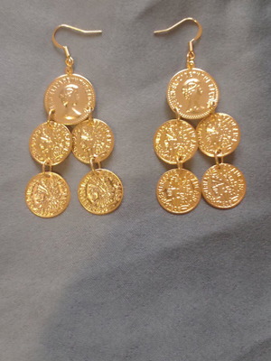 Handmade A.L.E. earrings new, gold, set with folklore coins