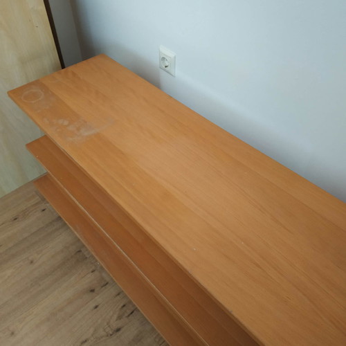 Rolling TV stand with 3 shelves used, beige pine