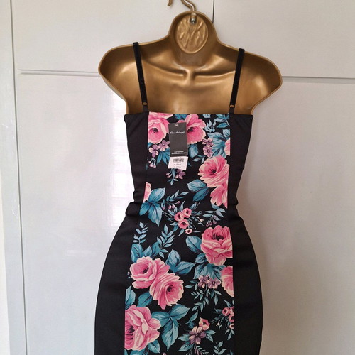 Floral dress black new, size 36/38, satin with lace trim