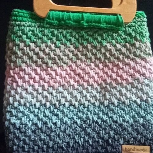 Handmade Crochet Bag with Degradé Colors and Wooden Handles, New