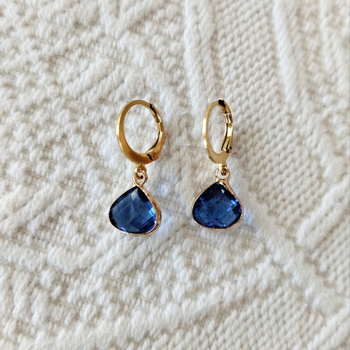 Steel hoop earrings with blue petrol crystal new