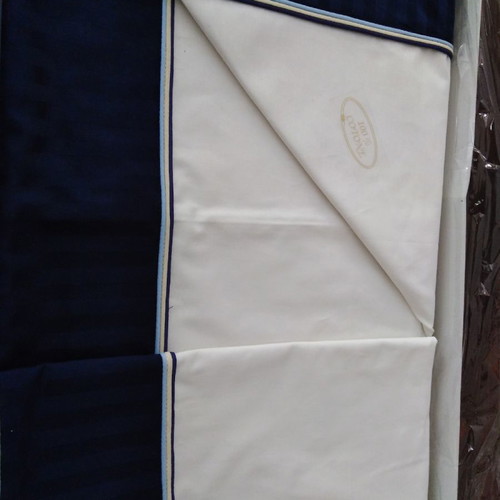 Italian double bed sheets set 100% cotton without elastic with dark blue stripe