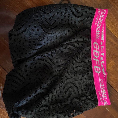 Comme Des Fuckdown lace pants with fuchsia elastic logo, like new