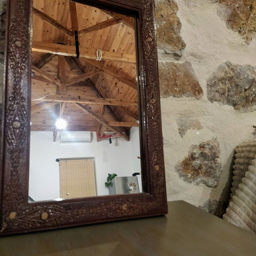 Antique carved wooden mirror used, dark brown oak