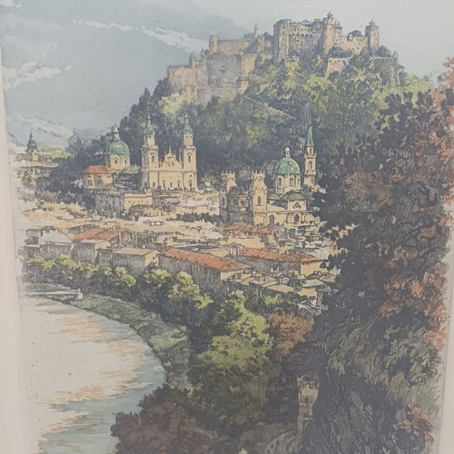 Salzburg Landscape Painting used with Hohensalzburg Fortress etching
