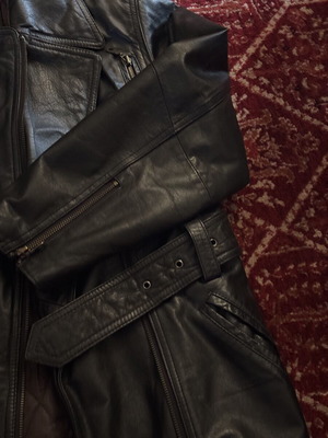 Δερμάτινο jacket καινούργιο με δερμάτινη ζώνη, unisex, μαύρο