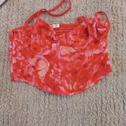 Women's set like new with beige crop bustier, vest and trousers