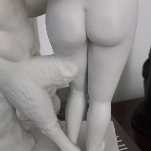 Bisque porcelain statue with satyr theme like new, height 35cm