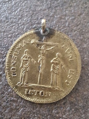 Jeton used with depiction of the Crucifixion and Saint Mary
