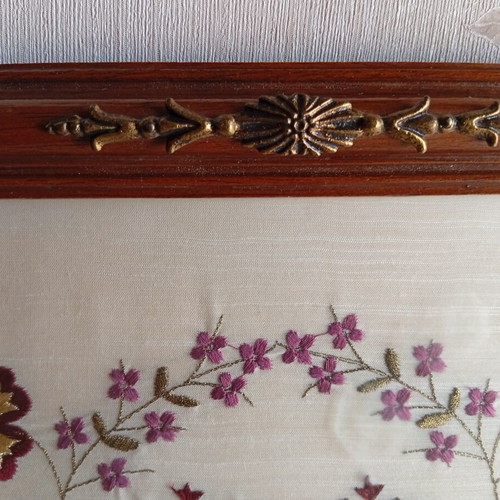 Decorative wooden tray with embroidered flowers and brass handles