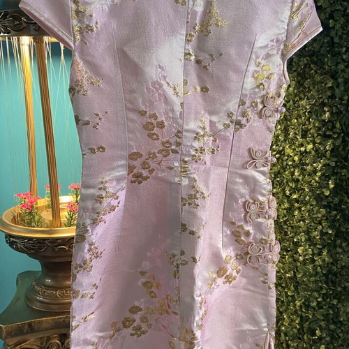 Qipao dress pink satin with gold floral patterns new, size XXXS