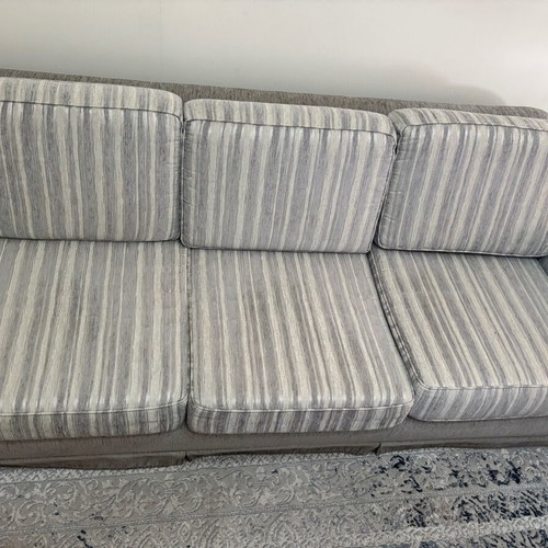 Living room furniture set used, 3-seater, 2-seater and armchair, classic style, grey striped fabric