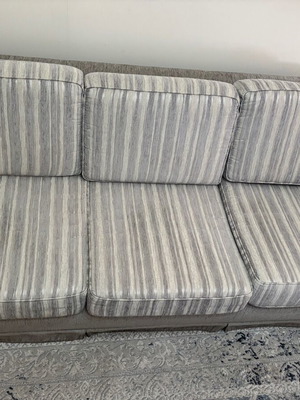Living room furniture set used, 3-seater, 2-seater and armchair, classic style, grey striped fabric