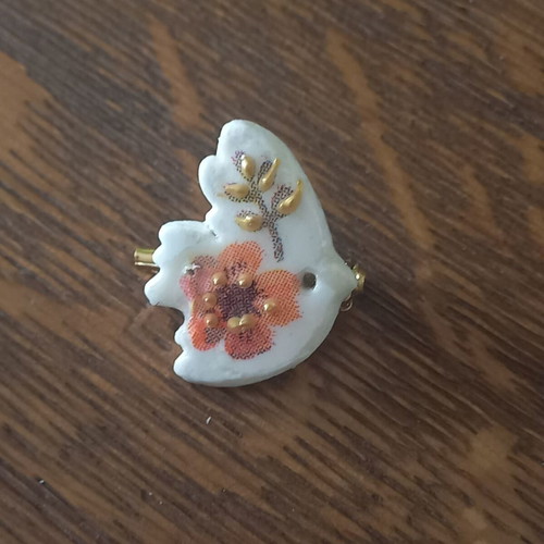 Handmade ceramic brooch new, multicolored with decoupage and glass coating