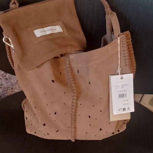 Leather shoulder bag, light brown suede with wallet