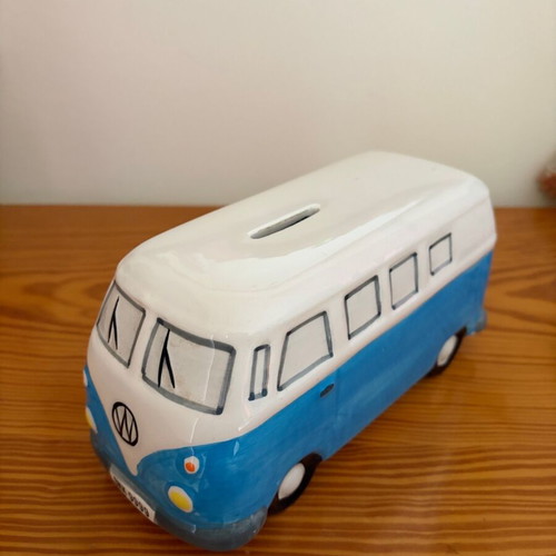 Volkswagen car piggy bank like new, blue and white