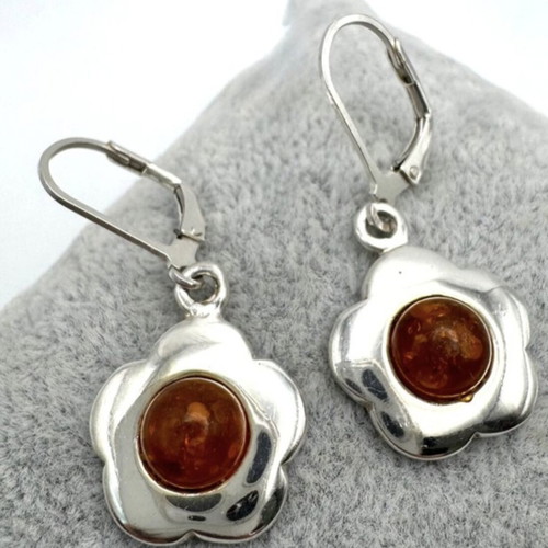 Vintage silver 925 earrings with natural amber floral design used