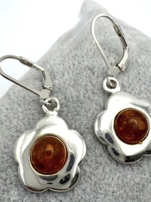 Vintage silver 925 earrings with natural amber floral design used
