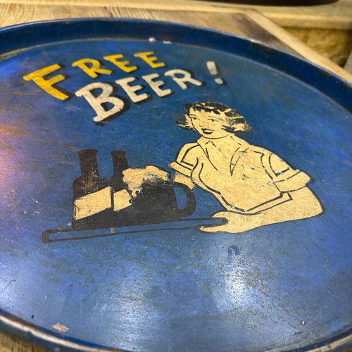 Vintage metal tray "Free Beer" used, retro pub decor