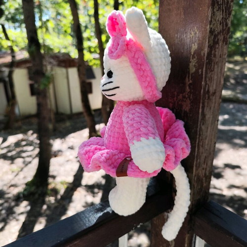 Handmade plush cat 28 cm in pink dress