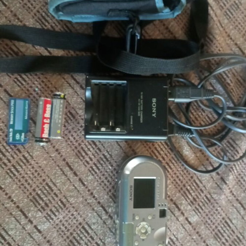 Sony camera used with rechargeable batteries, charger, memory card, and case