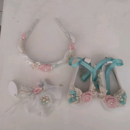 Baby baptism accessory set new with leather shoes, headband and boutonniere