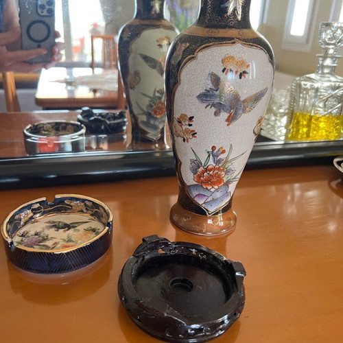 Royal Satsuma porcelain vase used with ashtray and wooden base