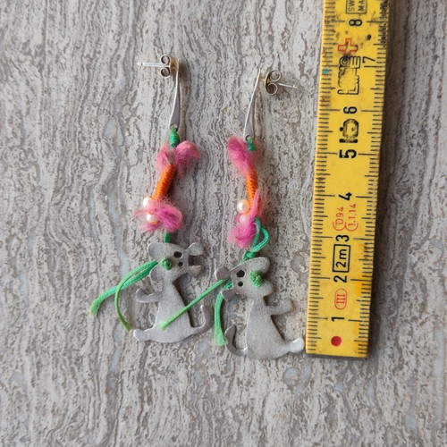 Silver earrings mouse, like new, multicolor