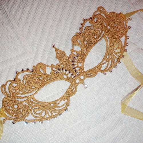 Gold carnival mask new with rhinestones and ribbon