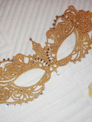 Gold carnival mask new with rhinestones and ribbon