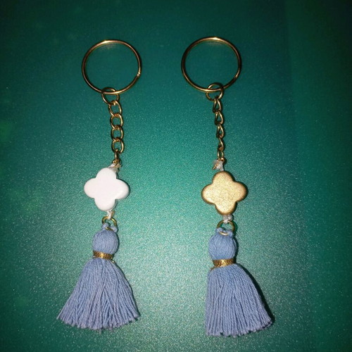 Set of 2 Keychains Light Blue Pom Pom, Wooden White and Gold Cross New, Handmade, for bag
