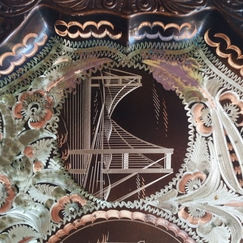 Copper serving tray used with Istanbul landmarks and floral designs