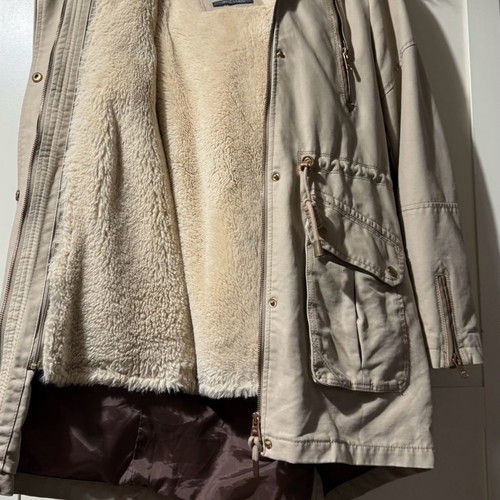 Bershka beige parka jacket used with fur and leather details