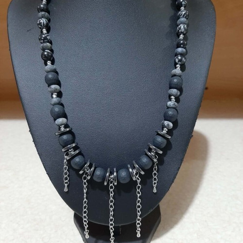Necklace with matte onyx, larvikite, obsidian, hematite in steel new