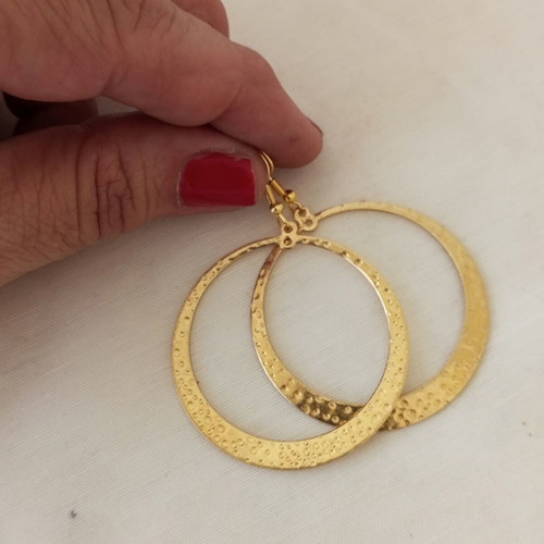 Statement hoop earrings with embossed hammered surface, gold tone, new