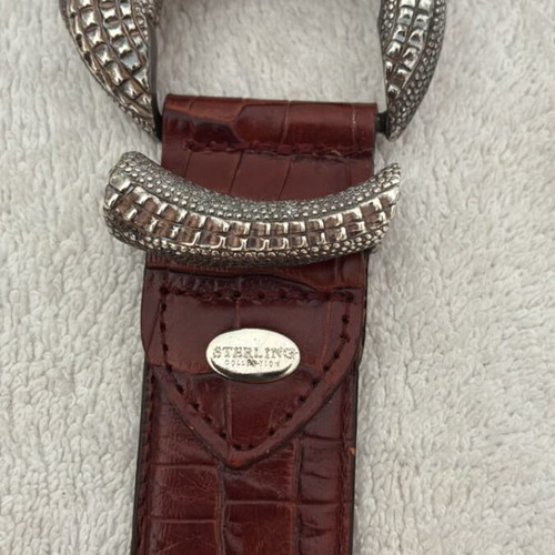 1996 Omega Sterling brown leather belt 95cm, western style, alligator print buckle