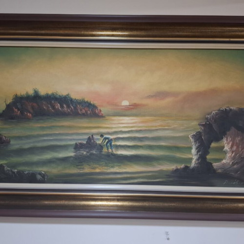 Painting panoramic seascape with fisherman at sunset, like new