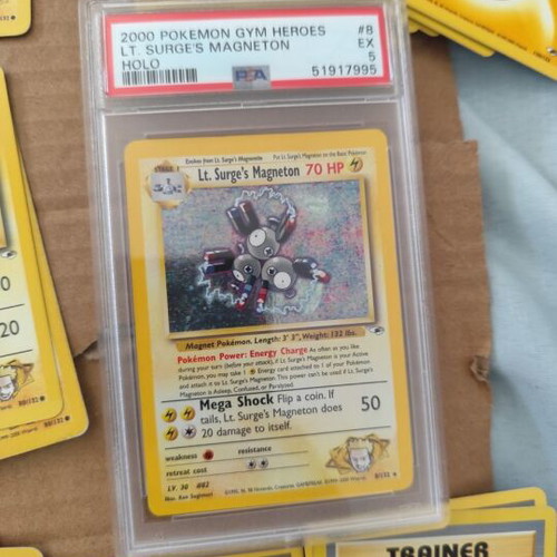 Lt Surge Theme Deck Pokemon Gym Heroes with 52 cards and PSA 5 Lt Surge Magneton used