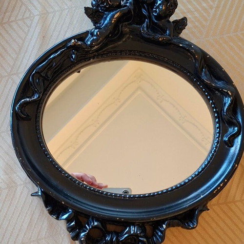 Vintage black mirror with putti used, 33x30 cm