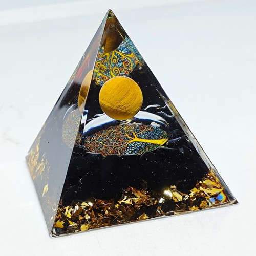 Orgonite pyramid with Tiger's Eye and Tree of Life like new