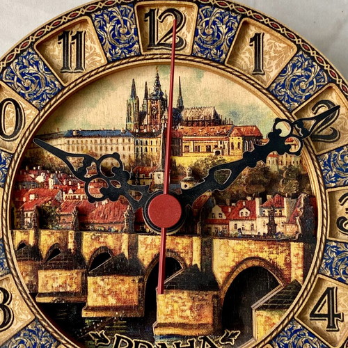Handmade wooden wall clock Prague, Orange City, German U.T.S mechanism
