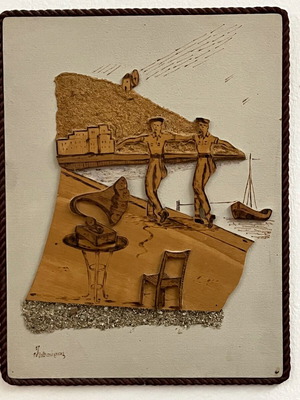 Ξύλινο ανάγλυφο καδράκι σαν καινούργιο με παραθαλάσσια σκηνή