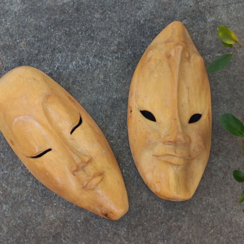Handmade wooden Happy-Sad theatrical masks set like new