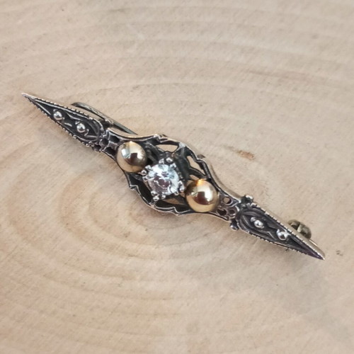 Silver-gold pin 925 585 with crystal vintage like new length 5cm